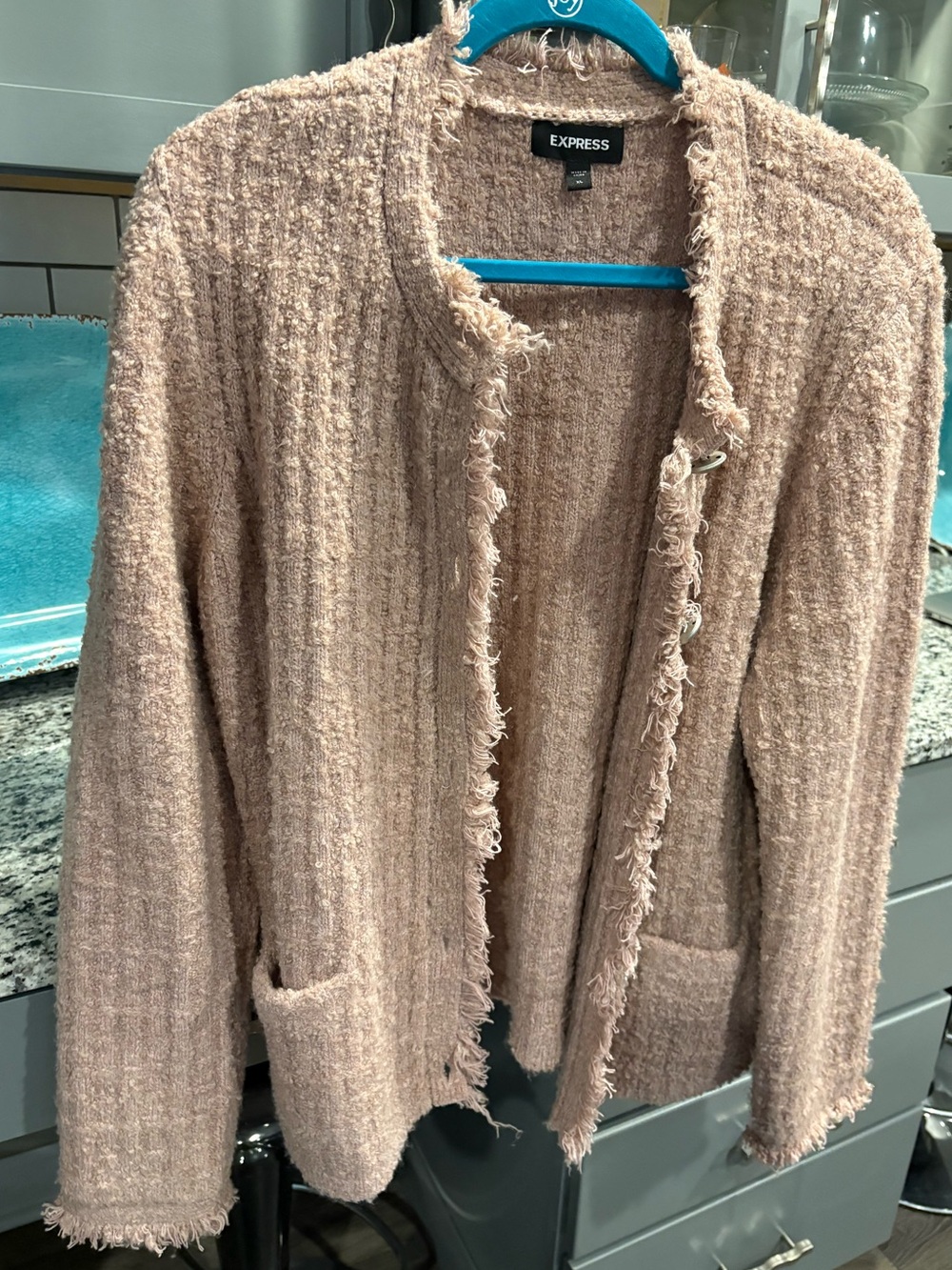 Express Women's Blush Fringe Bouclé Cardigan Sweater Jacket